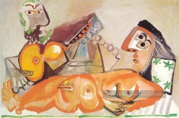 Nu couch et homme jouant de la guitare 1970 cubiste Peinture à l'huile